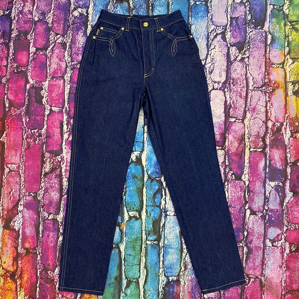 ESCADA Vintage Jeans Pants 4/6(small) 36 tapered Leg Embroidered Gold Blue 1990s - Picture 1 of 7